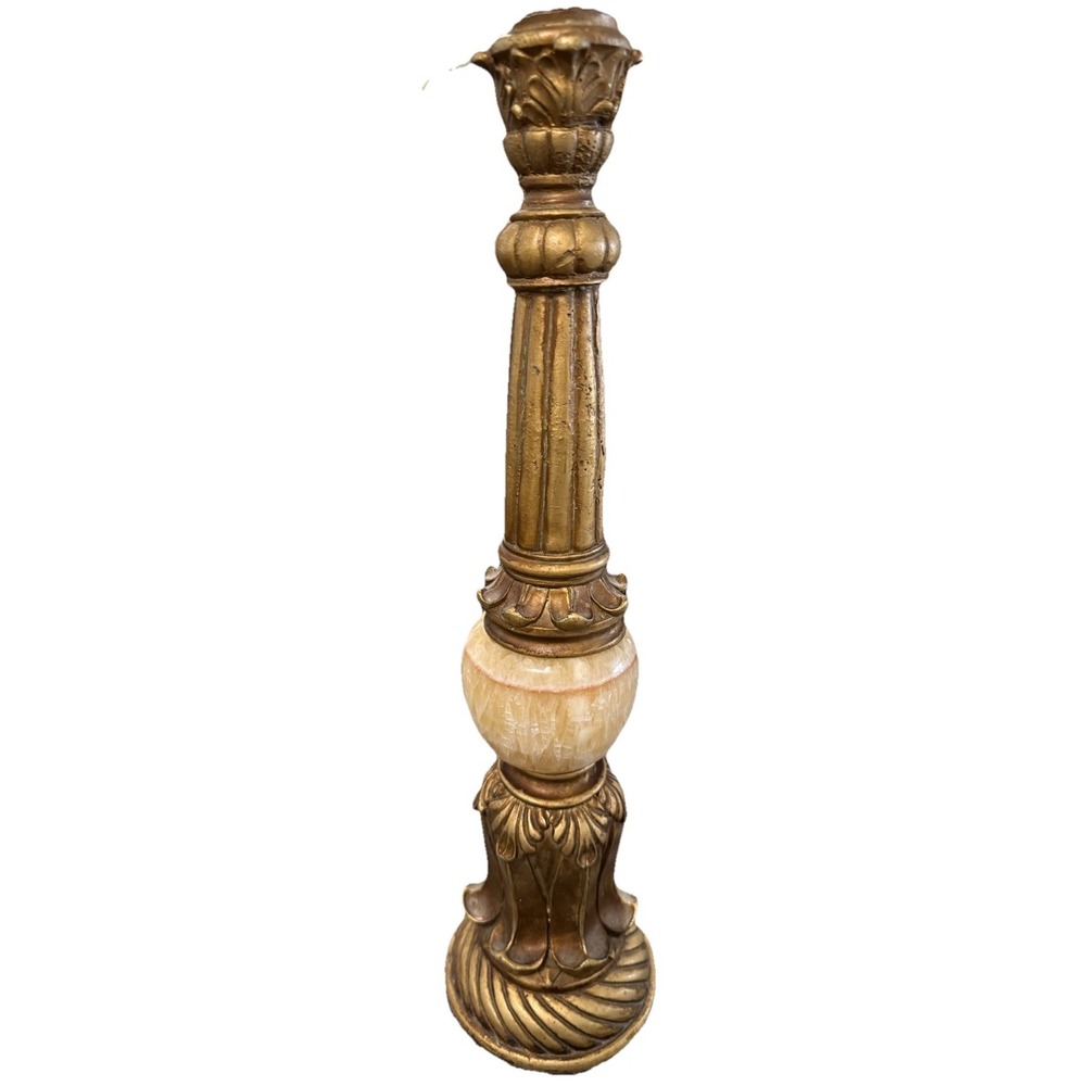 Pillar Candleholder Alabaster Resin Guilded Ornate Acanthus Leaf Motif Bronze